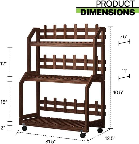 MoNiBloom 3 Tiers Plant Stand with Wheels, Outdoor Wood Plant Stands for Multiple Plants, Tiered Plant Shelf Table Plant Pot Stand for Living Room Patio Balcony