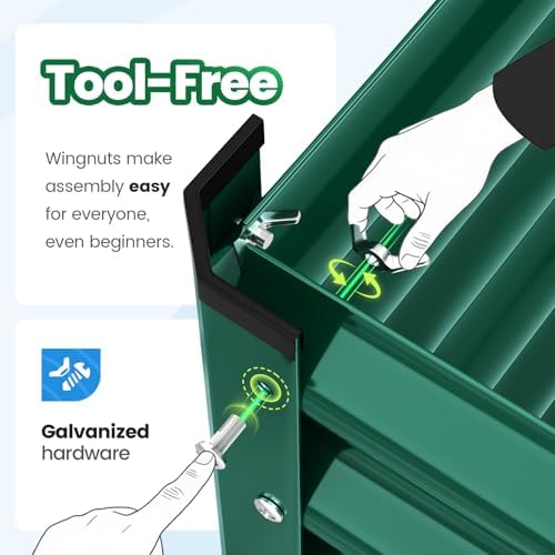 Quictent Galvanized Raised Garden Bed 8x4x2 Ft Tall Metal Planter Box for Vegetables Outdoor Bottomless for Backyard, 2 Tomato Cages Included, 22.04" Deep, Green
