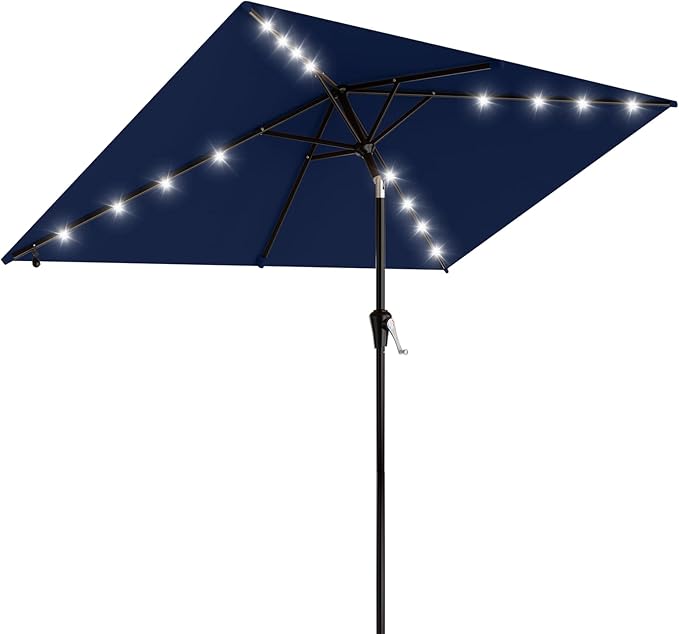 AreShark 6.5' x 10' Rectangular Patio Umbrella with Solar Lights, Solar Powered Lighted Market Umbrella w/Tilt and Crank, Outdoor Table Umbrella for Garden, Deck, Backyard, Pool and Beach, Navy