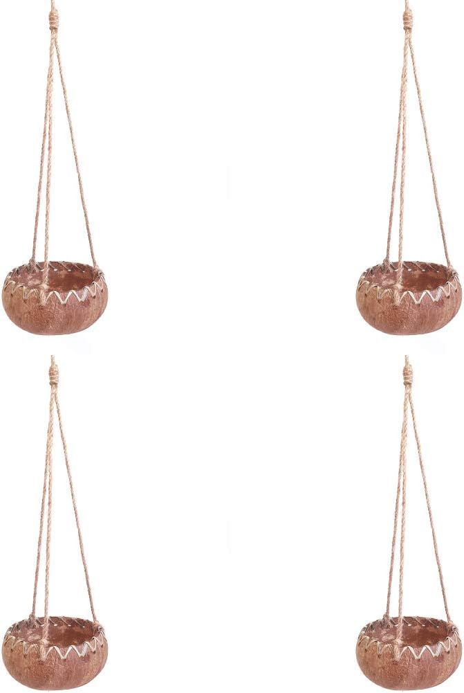 Rainforest Bowls Set of 4 Hanging Fiber Coconut Planters w/Drainage Hole- Perfect for Succulents, Flowers, Small Plants, Indoor & Outdoor Gardens- Handcarved by Artisans, Eco-Friendly & Sustainable