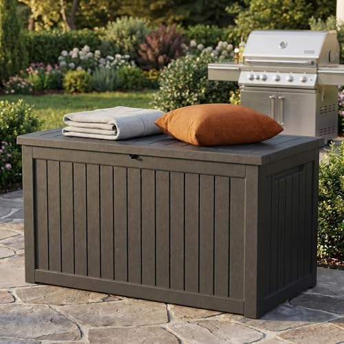 230 Gallon Deck Box, Waterproof Resin Rattan Outdoor Storage Box with Lockable Lid, Fade Resistant Patio Storage Box for Garden Tools, Pool Accessories, Outdoor Cushions, Black