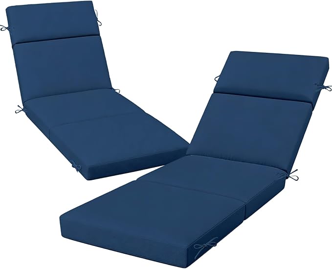 Outdoor Chaise Lounge Cushion 72" x 21" x 3", 4-Section Folding Patio Lounge Chair Cushion with Ties, Waterproof & Fade Resistant Replacement Cushion for Pool, Patio, Deck (Blue, 2 Pcs)