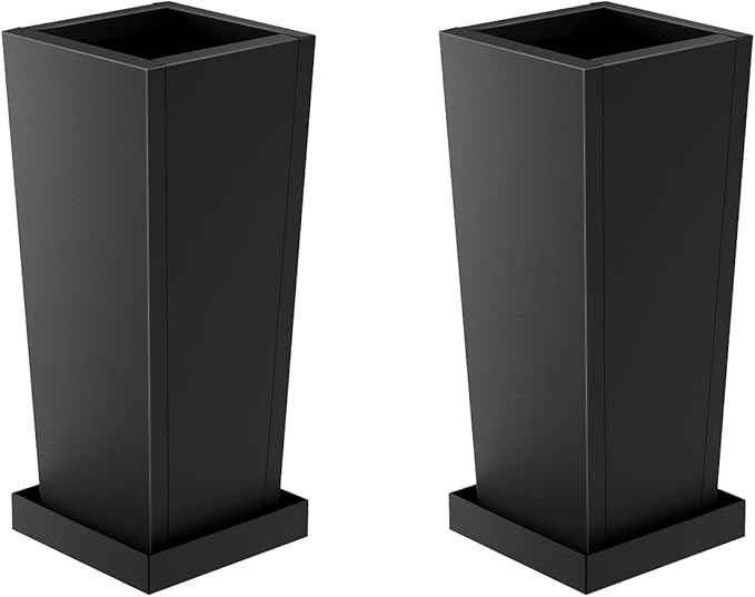 Metal Tall Outdoor Planters Set of 2, 18 inch Durable Tall Planters with Rust-Proof Coating & Drainage Insert Shelve & Trays, Black Outdoor Planters for Porch, Garden, Patio, Yard