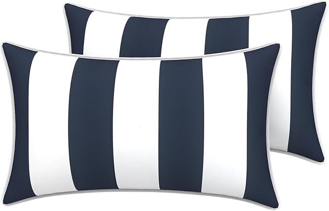 LVTXIII 2 Pack Outdoor Lumbar Pillow Covers 12x20 Inch with Piping, Water-Repellent Back Cushion Covers ONLY for Patio Furniture, Sofa, Garden Bench, Cabana Navy