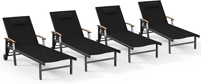 Ciokea Outdoor Lounge Chair with Pillow Set of 4, 5-Position Chaise Lounges with Wheels & Armrests, 400 lbs Heavy Duty Aluminum Pool Lounge Chairs, for Deck, Beach, Backyard & Poolside, Black