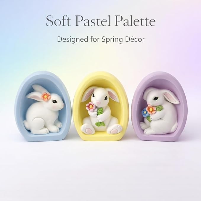 GoGnome Resin Easter Bunny Alcove Figurines, Set of 3 – Pastel Egg Frame Bunny Decor, Spring Shelf & Mantel Display, Cute Seasonal Home Accent (Blue/Yellow/Purple)