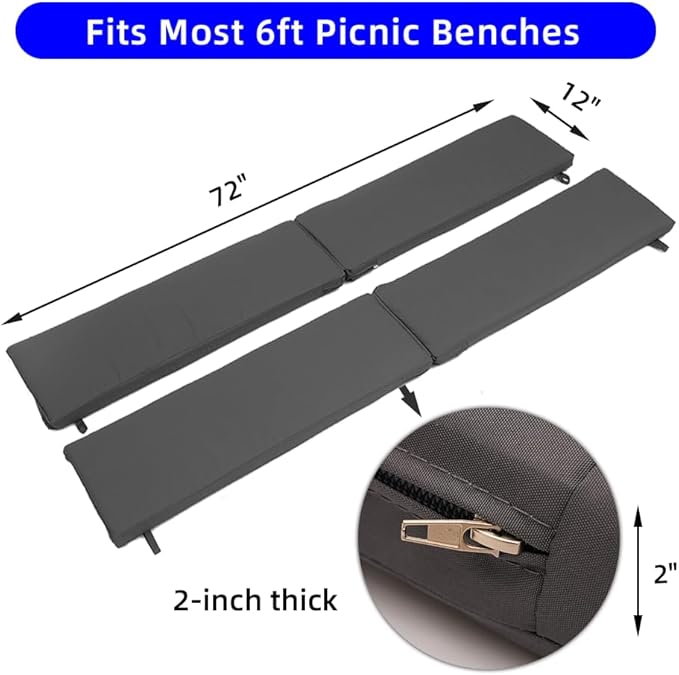 Picnic Bench Cushions 2 Pack, Outdoor Picnic Bench Seat Pads – Water-Resistant Polyester Fabric with High-Density Foam, 72" x 12" x 2", Portable & Foldable for Picnic Tables, Camping, Patio-Grey