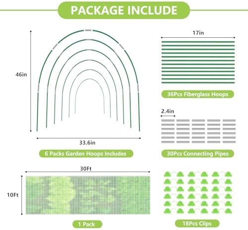 2 x Garden Netting Kit, 10x30FT Green Mesh Netting+10x30FT White Mesh Netting+ 12 Sets of 8FT Fiberglass Garden Hoops for Raised Beds