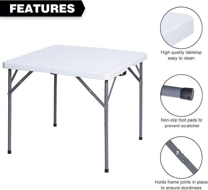 Lakhow 34" Square Folding Table, Plastic Commercial Folding Card Table with Collapsible Legs for Kitchen or Outdoor Party Wedding Event Indoor Outdoor Use, White