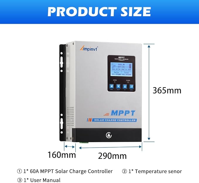 Ampinvt MPPT Solar Charge Controller 60A 12V 24V 36V 48V Battery System Auto,Max Input 150V PV Solar Panel Regulator for AGM Sealed Gel Flooded Lithium Battery