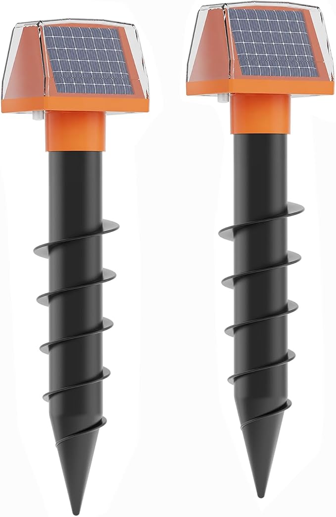 Mole Repellent Screw Solar Powered Gopher Deterrent Stake for Outdoor Lawns with Electic Vibration, Repels Snake Vole Groundhog Armadillo from Yard and Garden (2 Pack)