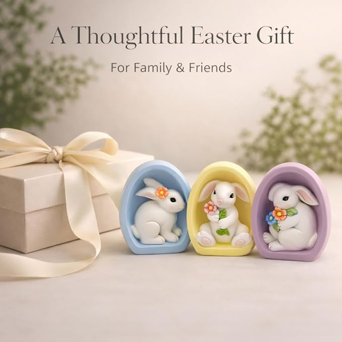 GoGnome Resin Easter Bunny Alcove Figurines, Set of 3 – Pastel Egg Frame Bunny Decor, Spring Shelf & Mantel Display, Cute Seasonal Home Accent (Blue/Yellow/Purple)