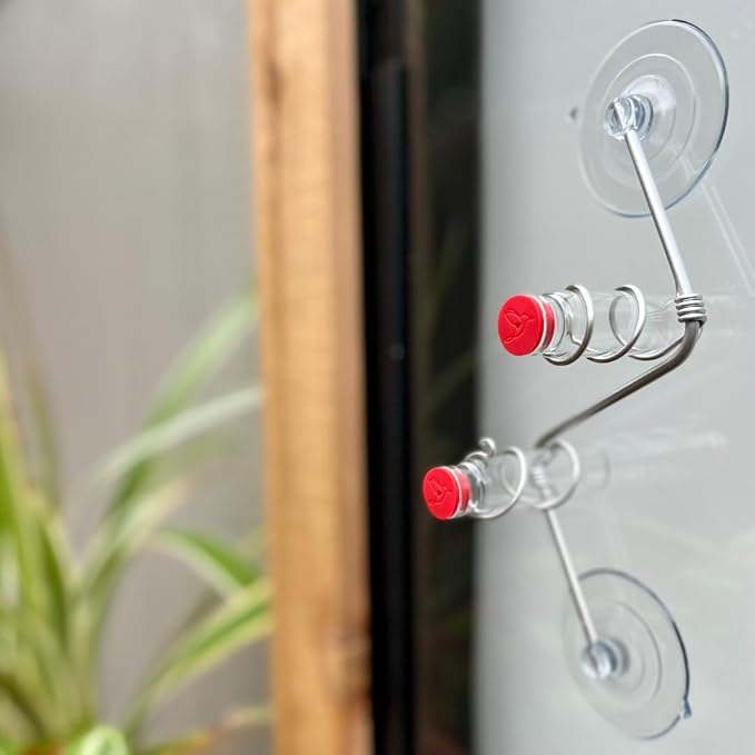 Geometric Window Hummingbird Feeder | Copper and Aluminum | Multiple Stations | Modern Hummingbird Feeder | Handcrafted | Home Décor | Glass Bottles | Suction Cups (Aluminum)