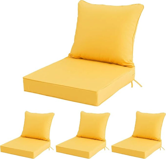 24x24 Inch Outdoor Chair Cushions Set of 4, Patio Furniture Cushions - Removable Cover, Water-Repellent, Fade-Resistant, Non-Slip Bottom & Straps, Replacement for Deep Seat Sofa & Couch - Yellow