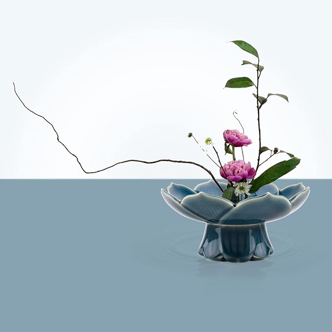 Flower Arranging Supplies, Cyan-Blue Lotus Flower Vase Ceramic Flower Pot for Ikebana Floral Art Fruit Dish Home Decoration