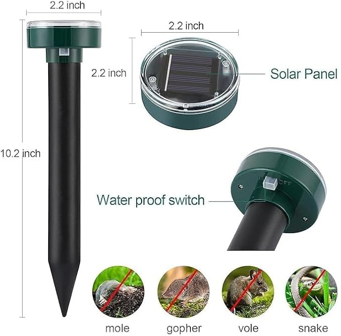 Ultrasonic Mole Repellent Solar Powered,Gopher Mole Repeller for Lawn Garden Yard, Effective Sonic Rodent Repellent for Voles Snakes Rats