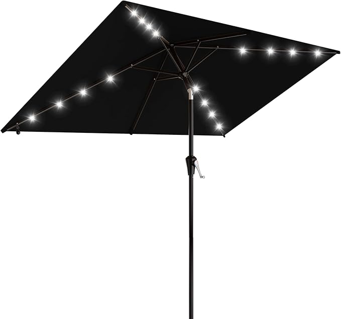 AreShark 6.5' x 10' Rectangular Patio Umbrella with Solar Lights, Solar Powered Lighted Market Umbrella w/Tilt and Crank, Outdoor Table Umbrella for Garden, Deck, Backyard, Pool and Beach, Black