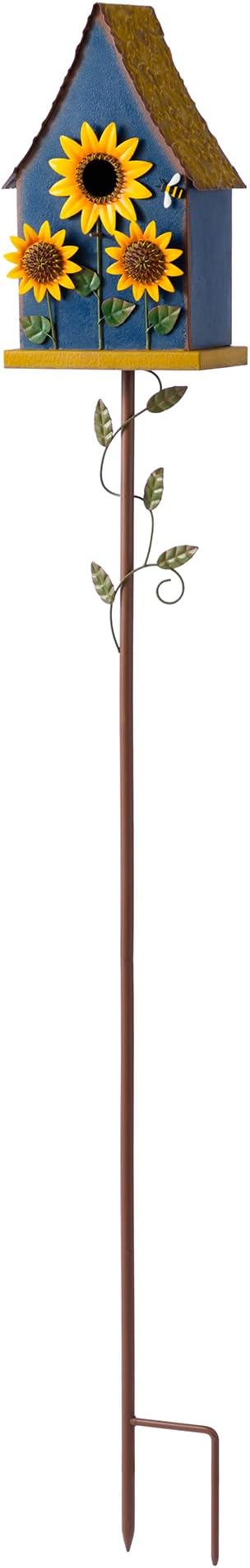 Glitzhome 52.5" Blue Metal Birdhouse Outdoor with Stake, Sunflower Accents Decorative Standing Bird House for Garden, Farmhouse Iron Nesting Box with Vine Details