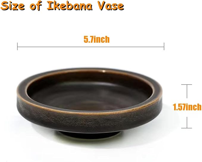 Japanese Classical Ikebana Vase Kit, Minimalist Ceramics Flower Pot Flower Shallow Container with 2.4inch Flower Frog and 2-in-1 Flower Arrangement Kenzan Needle Straightening Tool