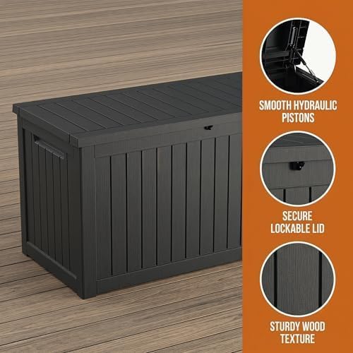 230 Gallon Deck Box, Waterproof Resin Rattan Outdoor Storage Box with Lockable Lid, Fade Resistant Patio Storage Box for Garden Tools, Pool Accessories, Outdoor Cushions, Black