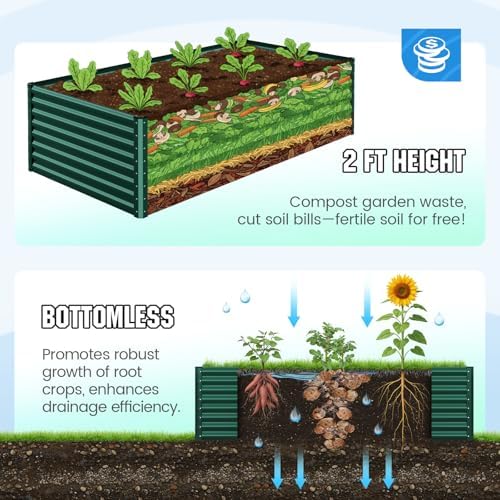 Quictent Galvanized Raised Garden Bed 8x4x2 Ft Tall Metal Planter Box for Vegetables Outdoor Bottomless for Backyard, 2 Tomato Cages Included, 22.04" Deep, Green