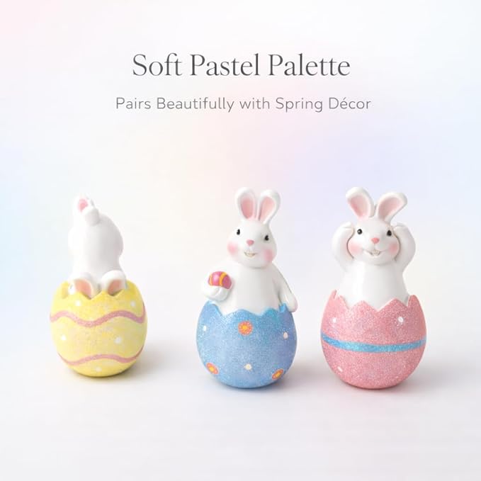 GoGnome 3-Pack Easter Decorations Resin Bunny in Cracked Egg Shell Figurines 5.1''H – Spring Tabletop & Mantel Decor, for Home (Blue/Yellow/Pink)