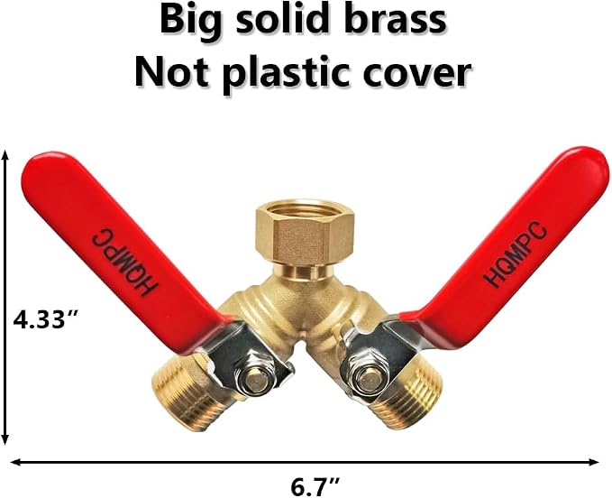 HQMPC Garden Hose Y Valve Splitter With Stainless Steel Long Handle - Brass 2 Way Water Adapter, 3/4" GHT Thread