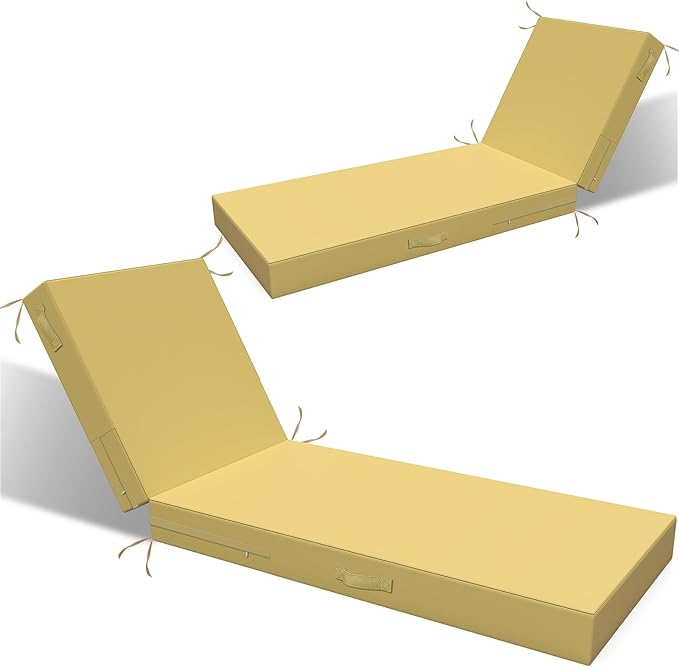L'AGRATY Outdoor Lounge Chaise Cushion: 72x21x3 Inch Waterproof Lounge Chair Cushion for Outdoor Furniture with Fade Resistant Removable Cover - Patio Lounge Cushions for Pool Lawn Deck(Khaki 2Pcs)