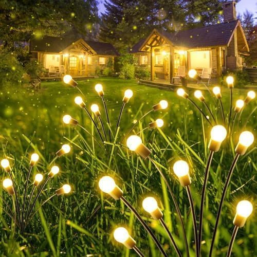 4 Pack Solar Firefly Lights Outdoor Swaying Garden Decor 32 LED Warm White | 2 Lighting Mode, Auto On/Off, Sway with Wind, Waterproof Solar lights Outdoor for Camping Yard Walkway Grove Decorations