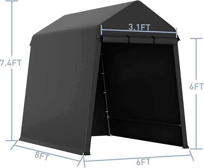 Outdoor Tarp Shed 6 X 8 Ft Portable Storage Shed with Roll-Up Door, Carport Bike Sheds ATV Storage Tent for Motorcycle, Car, Garden Tools Black