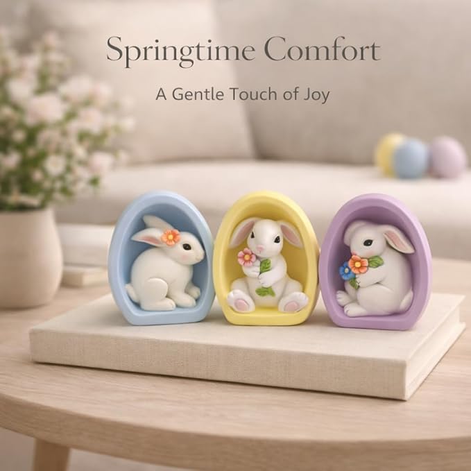 GoGnome Resin Easter Bunny Alcove Figurines, Set of 3 – Pastel Egg Frame Bunny Decor, Spring Shelf & Mantel Display, Cute Seasonal Home Accent (Blue/Yellow/Purple)