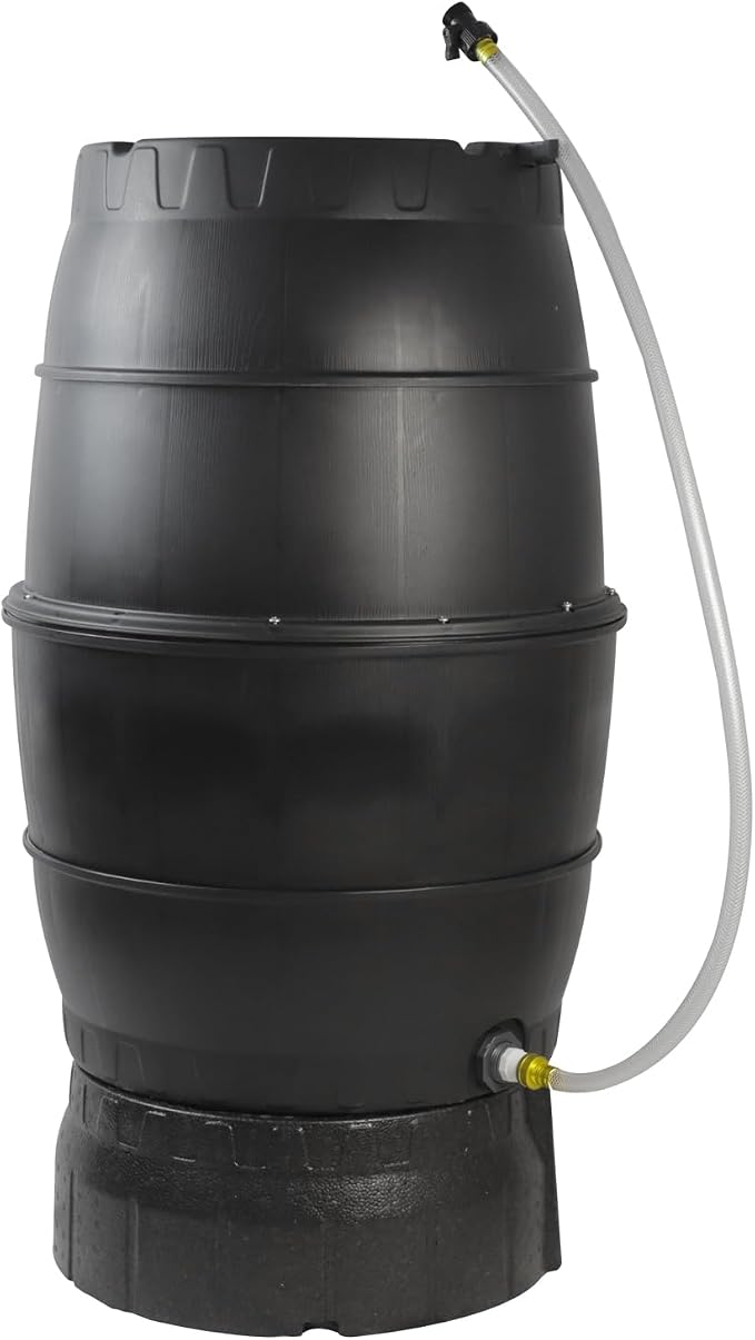 SQUEEZE master 50 Gallon Rainwater Collection Barrel with Stand-BPA Free Home Rain Catcher with Outlet Hose-Flatback Designed Water Storage Collection Barrel for Gardens and Plants