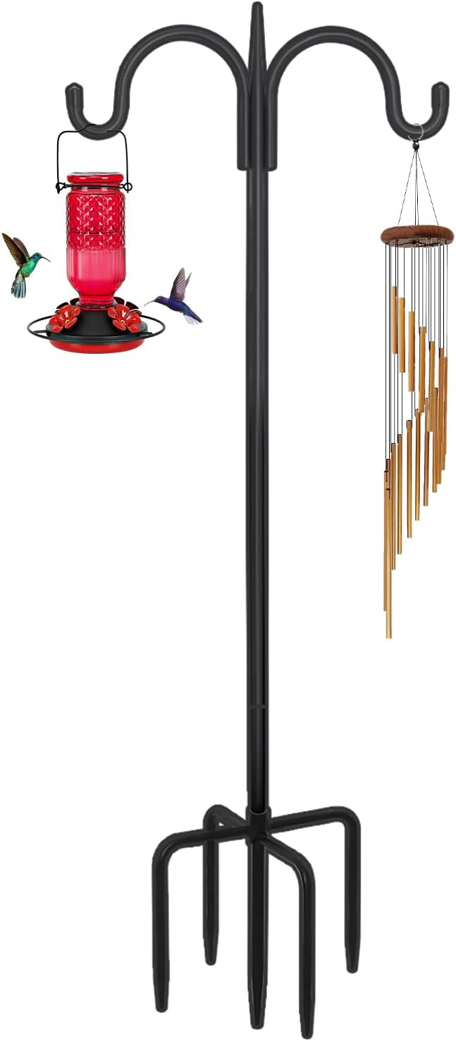 FEED GARDEN Heavy Duty Shepherds Hook 63" Double Hooks Adjustable (47/63") - Alloy Steel 5-Prong Base, 12lb Capacity - Easy Assembly Bird Feeder Pole for Hanging Planters, Lanterns, Wind Chimes