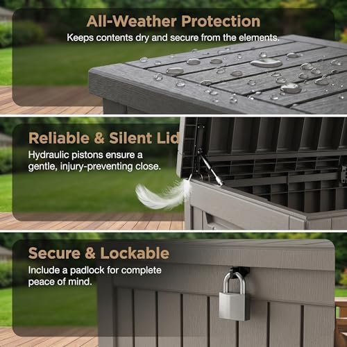 230 Gallon Deck Box, Waterproof Resin Outdoor Storage Box with Lockable Lid, Patio Storage Box with Fade Resistant for Patio Furniture Cushions, Pool Accessories, Garden Tools, Light Coffee