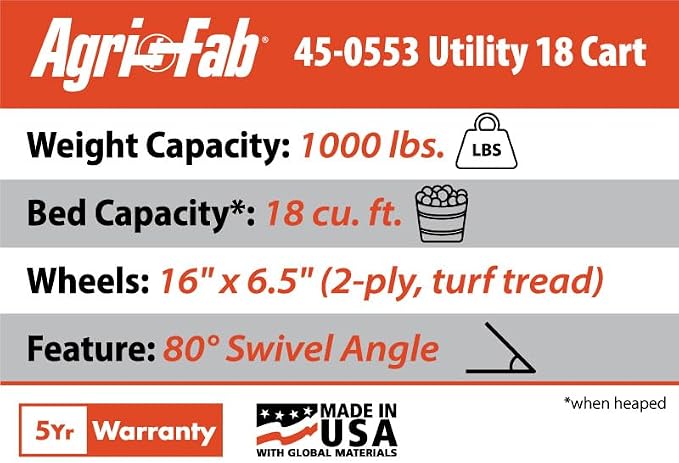 Agri-Fab 45-0553, 1,000-Pound Capacity Poly Swiveling Tow Behind Dump Cart, 18 Cubic Feet Capacity, 80 Degree swiveling, 52 Degree Dumping, 16-Inch x 6.5-Inch Pneumatic Turf Tread Tires