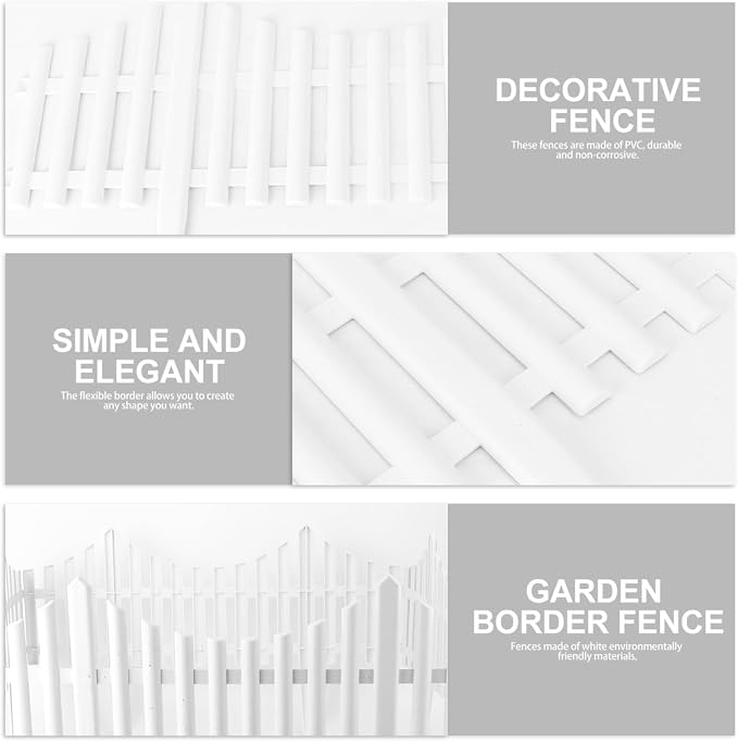 5 Pcs Flexible Picket Fence Garden Border, Plastic Decorative Landscape Edging Fences, Grass Lawn Flowerbeds Plant Borders, White (Overall Length 120 Inches)