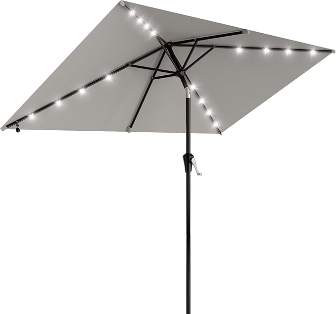 AreShark 6.5' x 10' Rectangular Patio Umbrella with Solar Lights, Solar Powered Lighted Market Umbrella w/Tilt and Crank, Outdoor Table Umbrella for Garden, Deck, Backyard, Pool and Beach, Light Gray