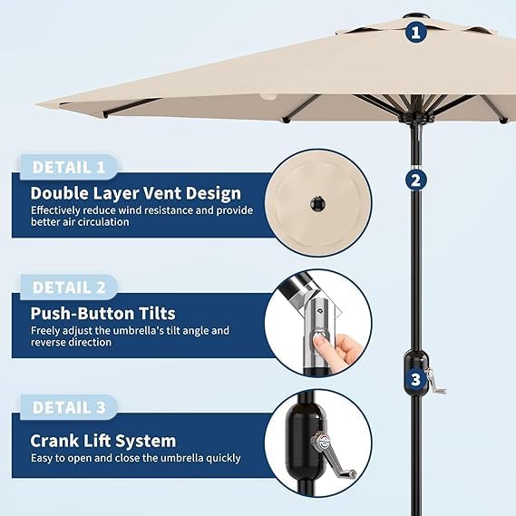 Garvee 10FT Patio Umbrella - Outdoor Table Umbrella with Crank Lift & Push Button Tilt - Market Umbrella 8 Sturdy Ribs UV Protection for Pool, Deck, Yard, Garden - Light Beige