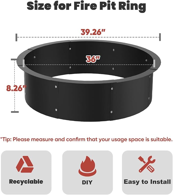 36 Inch Inner Round Fire Pit Ring Insert for Outside Wood Burning, 40 Inch Outer 36 Inch Inner DIY Outdoor Fire Pit Liner Ring for Garden, Patio, Backyard or Camping, 1.5mm Thick Metal Steel