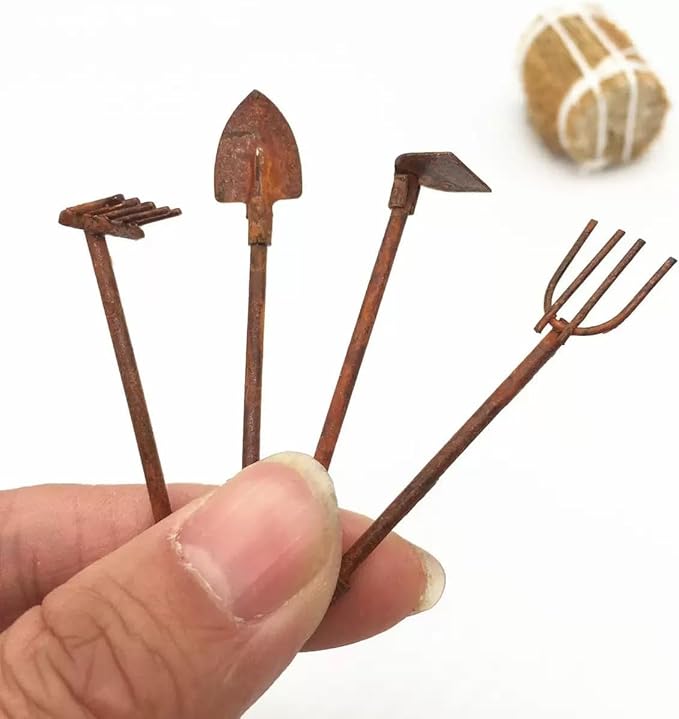 4 Pcs Miniature Dollhouse Garden Tools 1:12 Mini Rusty Shovel Hoe and Pitchfork Fairy Garden Accessories Furniture Ornaments Micro Landscape Decor Garden Sculptures Statues, Decorations