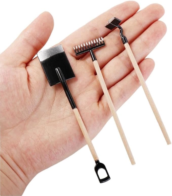 3Pcs Miniature Garden Tools 1:12 Mini Shovels and Rake Farm Tools Fairy Garden Furniture Dollhouse Accessories (Red)