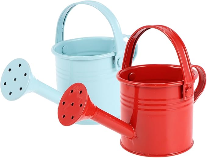 Kids Watering Can Metal Small Watering Can for Indoor Plants, Iron Mini Water Bottle for Garden Yarde Home Plants Flower Bonsai Pots (Red and Light, 2PCS)