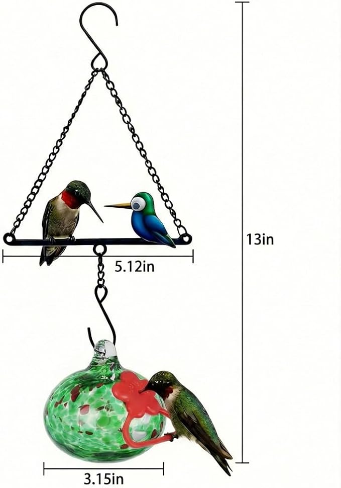 Headak Life Hummingbird Feeder for Outdoors Hanging,Metal Hummingbird Swing with Hand Blown Glass Hummingbird Feeder,Artistic Bird Perch & Garden Decor, Unique Gardening Gifts for Women(Green)