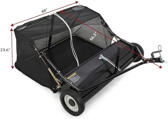 Tow Behind Lawn Sweeper, 48" Pull Behind Collector – Large Capacity Leaf & Grass Collector with Adjustable Height, Dumping Rope Design for Debris and Lawn Clippings