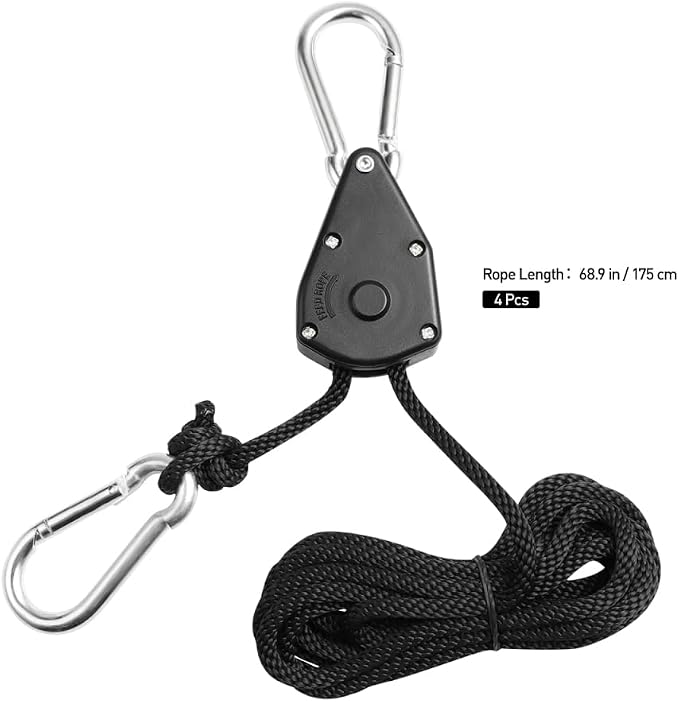 4-Pack Heavy Duty Adjustable Grow Light Ratchet Rope Hanger Yoyo – 68.9In Length, Braided Nylon & Stainless Steel, 150 lbs Load Capacity for Indoor/Outdoor Plant Lighting, Garden Tool Suspension