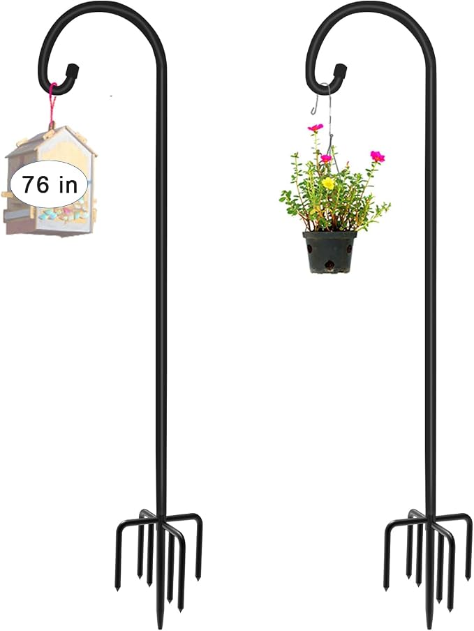 Artigarden 76 inch Outdoor Shepherd Hook with 7 Prong Base (2 Packs), Adjustable Heavy Duty Garden Hanging Stake for Bird Feeder Solar Light Plant Hanger Wedding Decor, Matte Black