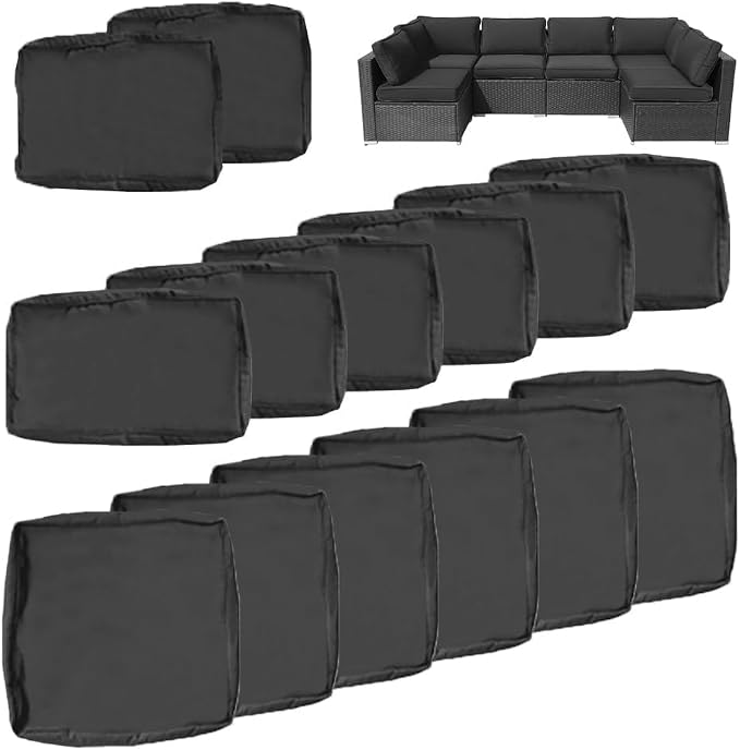 14Pcs Outdoor Cushion Covers Replacement Washable Waterproof UV w/Zipper for 6-Seaters Sofa Patio Slipcovers Set Seat and Back Covers Only (Black, 25x25x3.15inch)