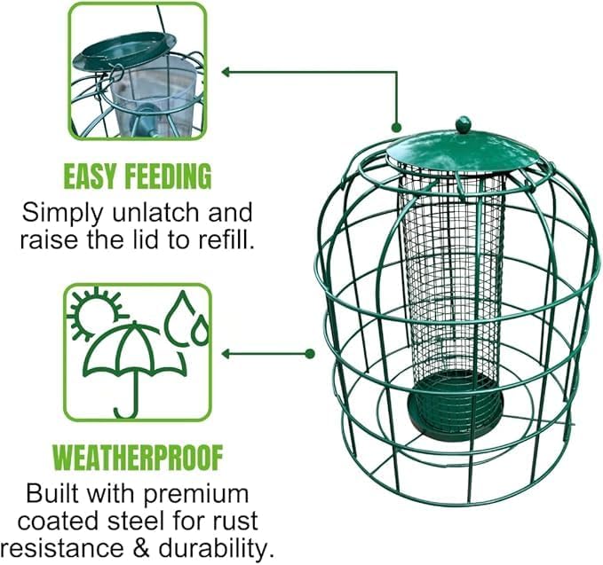Garden Guru Squirrel Proof Bird Feeder – Outdoor Caged Mesh Seed Peanut Hanging Bird Feeder for Small Wild Birds – Premium Coated Steel & Metal Seed Guard - Chew Proof, Weather Resistant