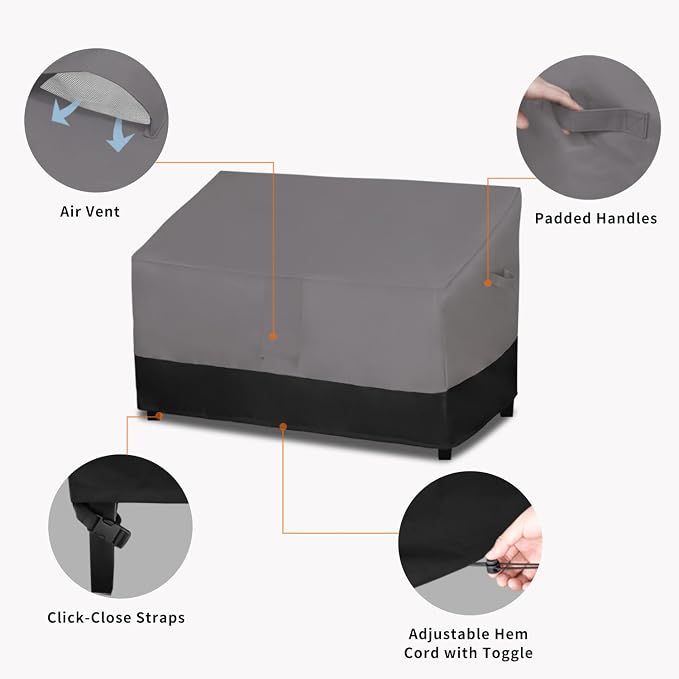 Easy-Going Waterproof Outdoor Loveseat Cover, Heavy Duty Deep 2-Seater Patio Couch Cover, Windproof Outdoor Furniture Protector with Air Vent (58Wx40Dx31H inch, Gray/Black)