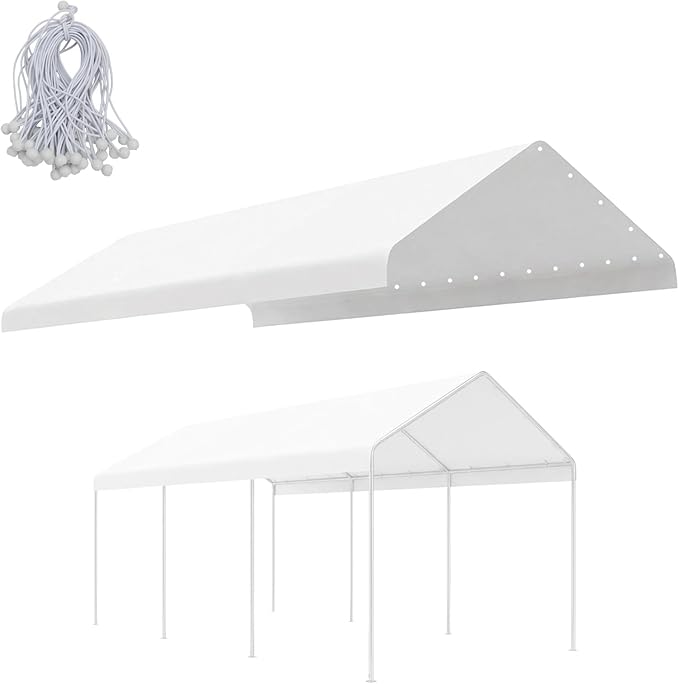 COWVIE 10 x 20 FT Carport Canopy Replacement Cover, with 46Pcs Long Ball Bungees, Waterproof Garage Top Tent Shelter Tarp, Only Top Cover